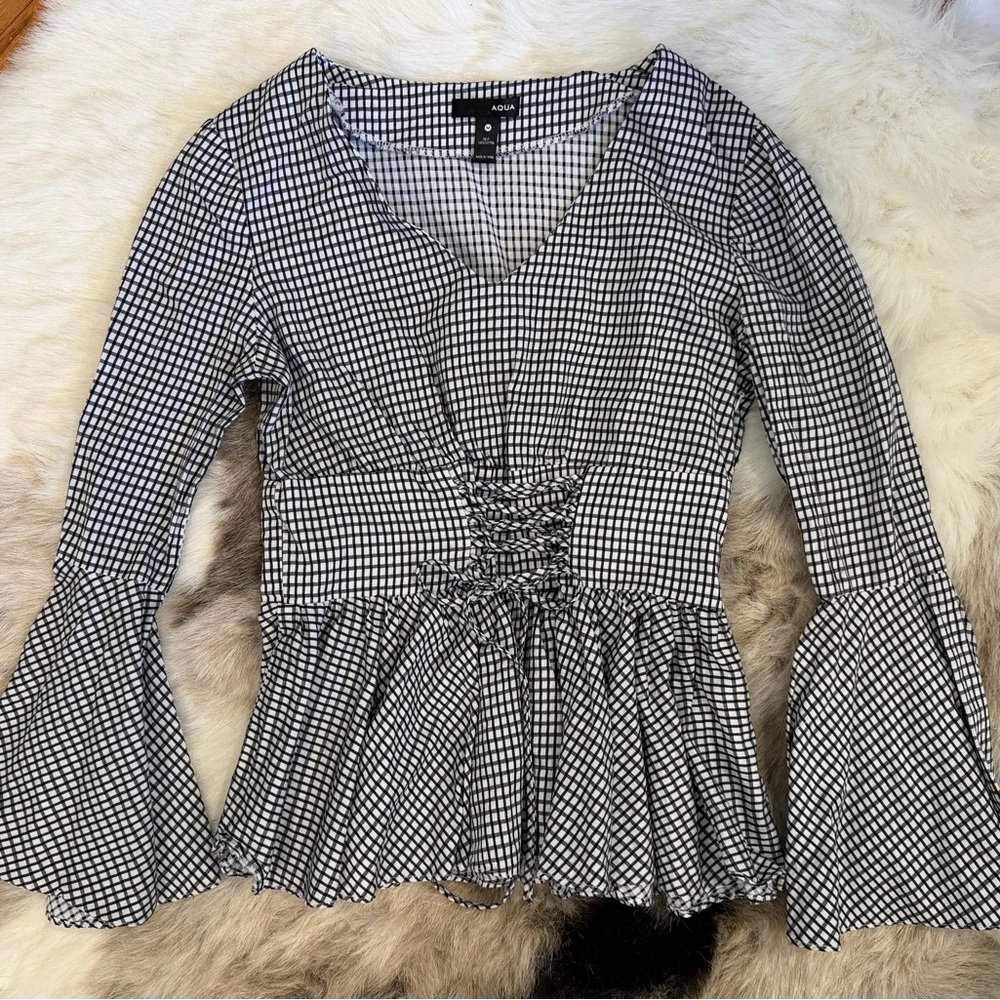 Aqua Bloomingdales Black White Gingham lace up cotton medium corset  peplum top